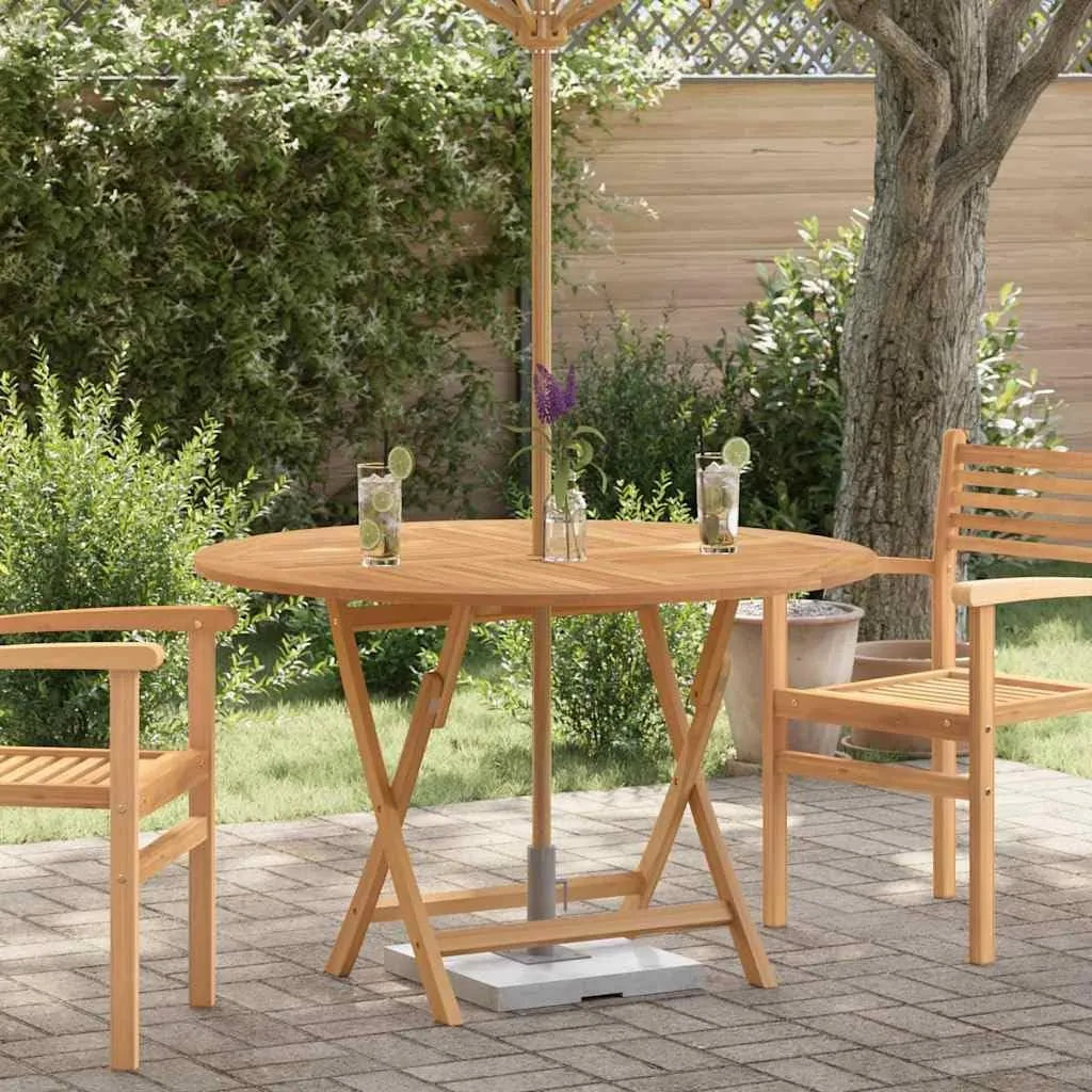 Table ronde pliable en teck massif, Ø 110 cm, pour terrasse et balcon, résistante aux intempéries