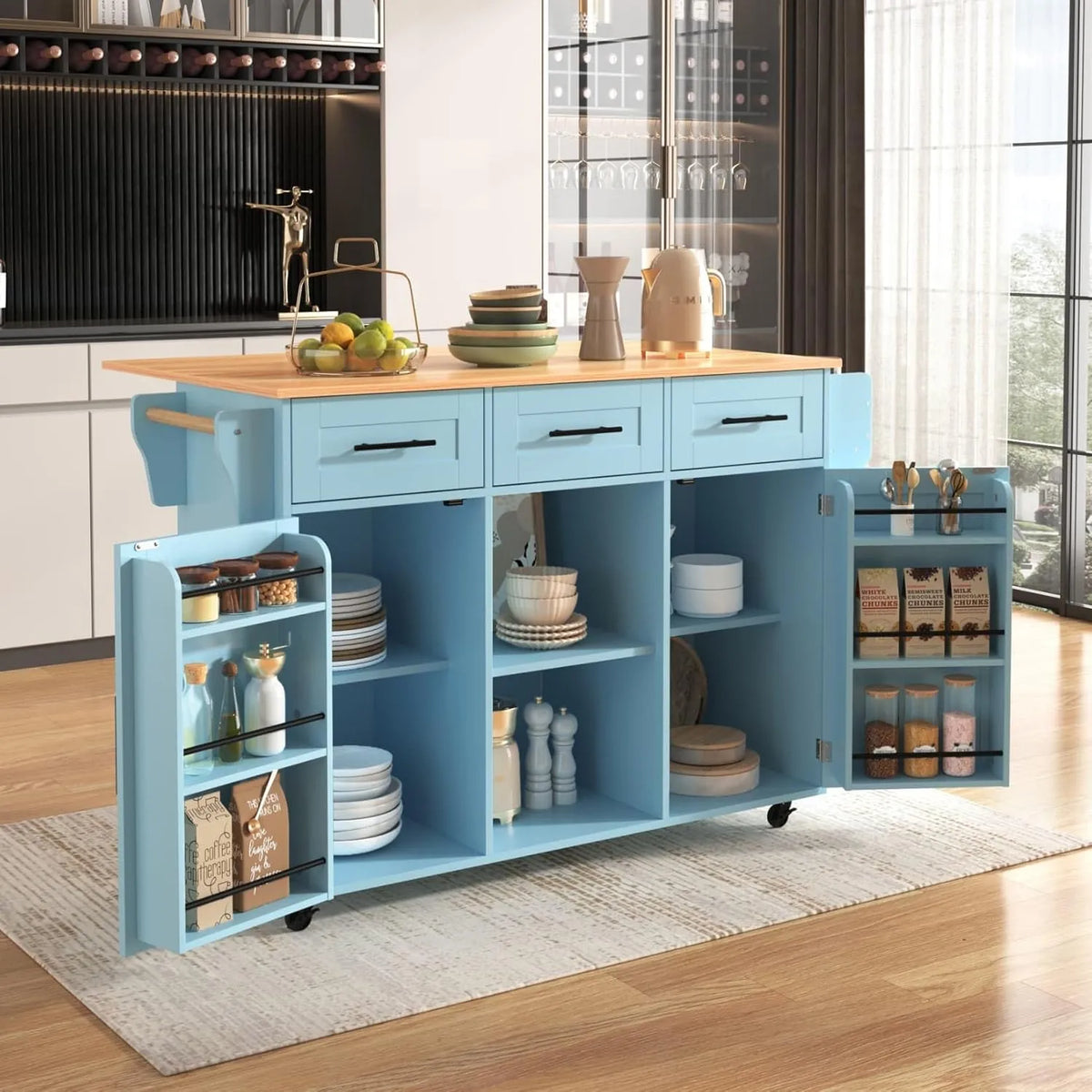 Îlot de Cuisine Multifonction avec Plateau Pliable, Rangement et Étagère à Épices, Bleu