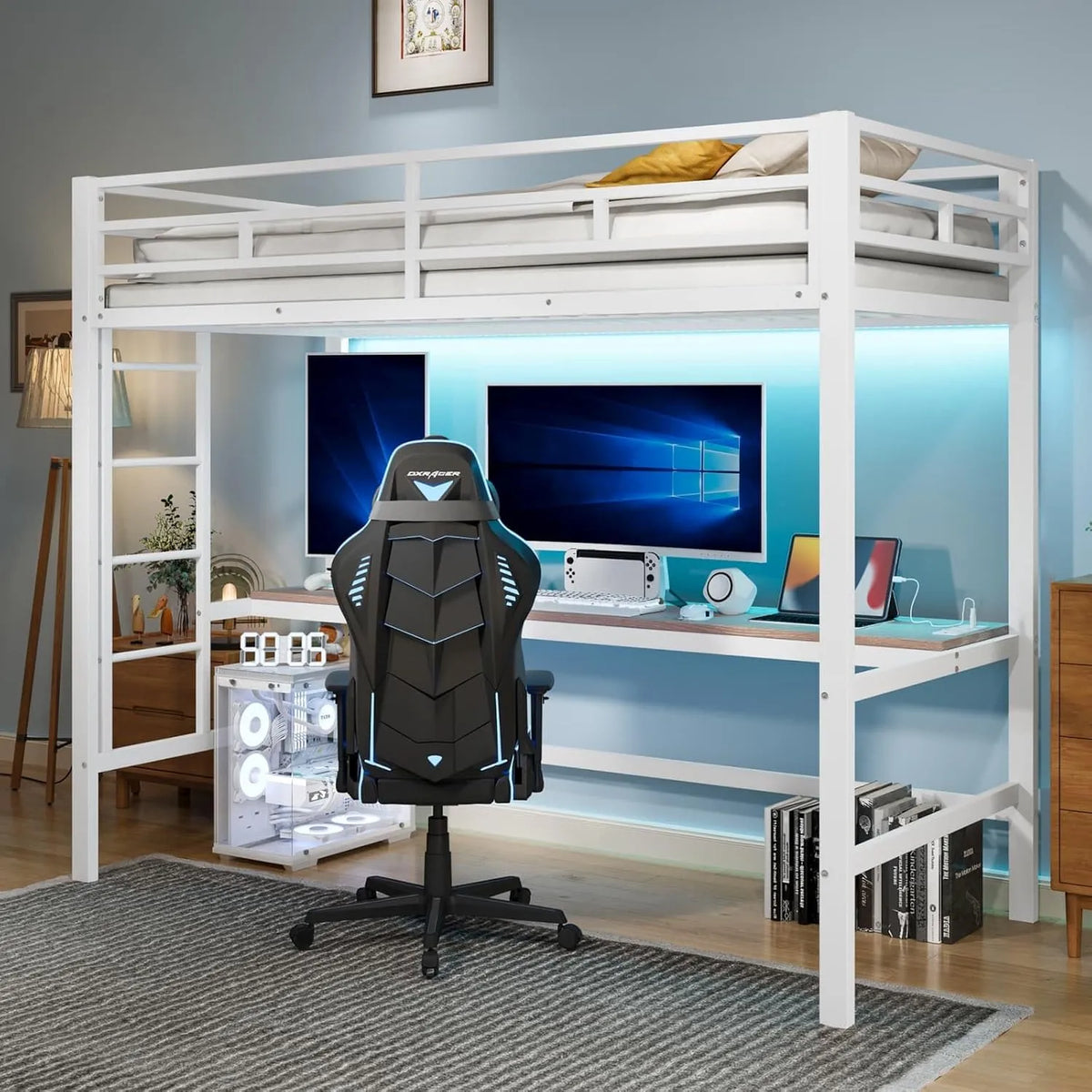 Lit Mezzanine Enfant 90x200 cm avec Bureau Intégré et Éclairage LED Télécommandé, Port USB et Prise Électrique, Structure Métal Blanc, Sans Matelas