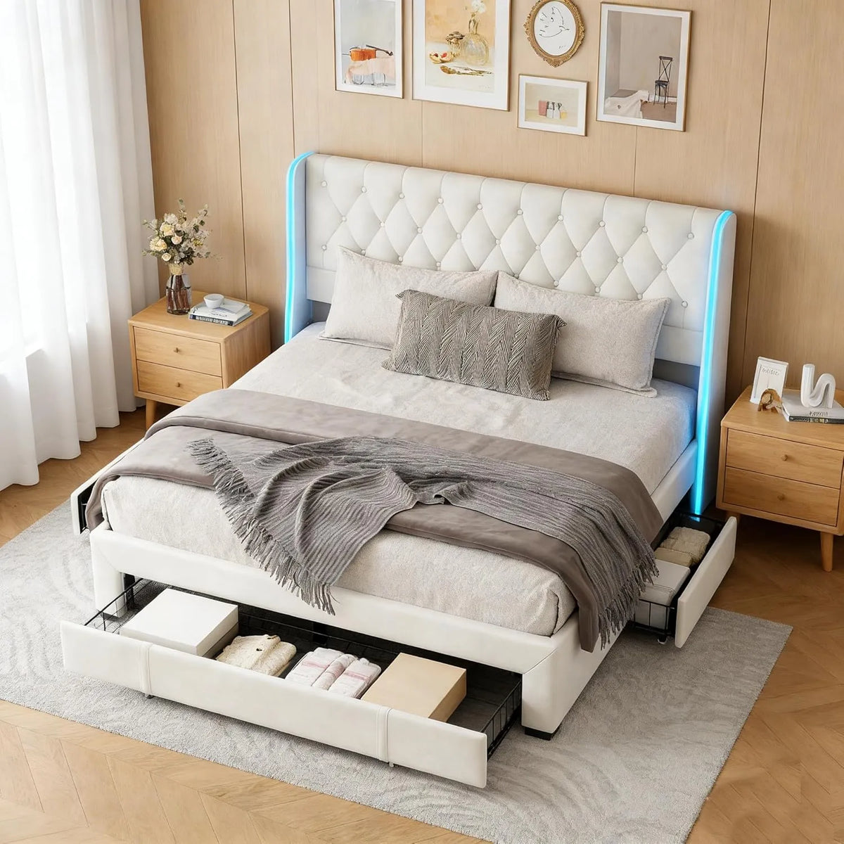 Lit double avec rangement et LED, velours beige 160 x 200 cm
