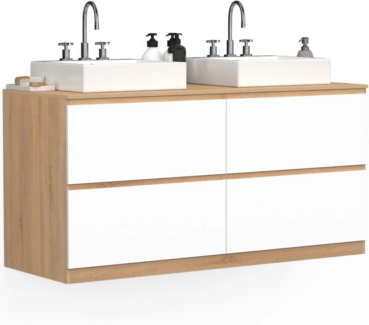 IDMarket - Ensemble Meuble Double Vasque Tomi 120 cm, 4 Tiroirs, Effet Hêtre et Blanc, Salle de Bain Suspendu