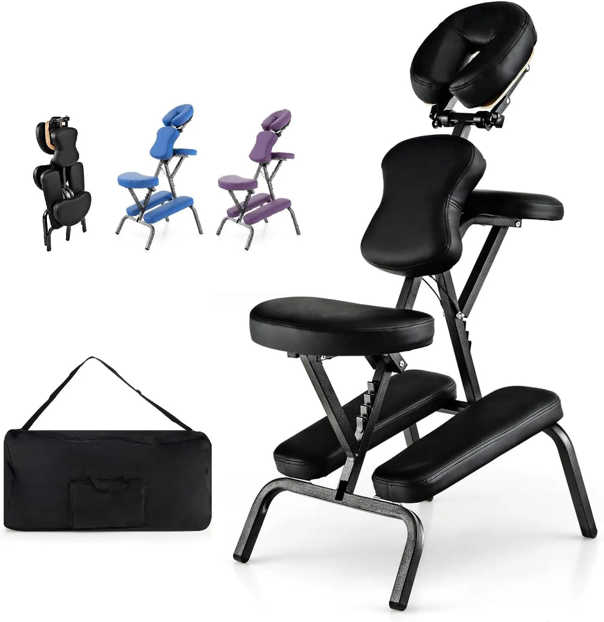 Chaise de Massage Ergonomique Portative - Hauteur Réglable, Siège Confortable et Sac de Transport, Capacité 150 KG - Idéale pour Spa, Tatouage et Soins Esthétiques (Noir)