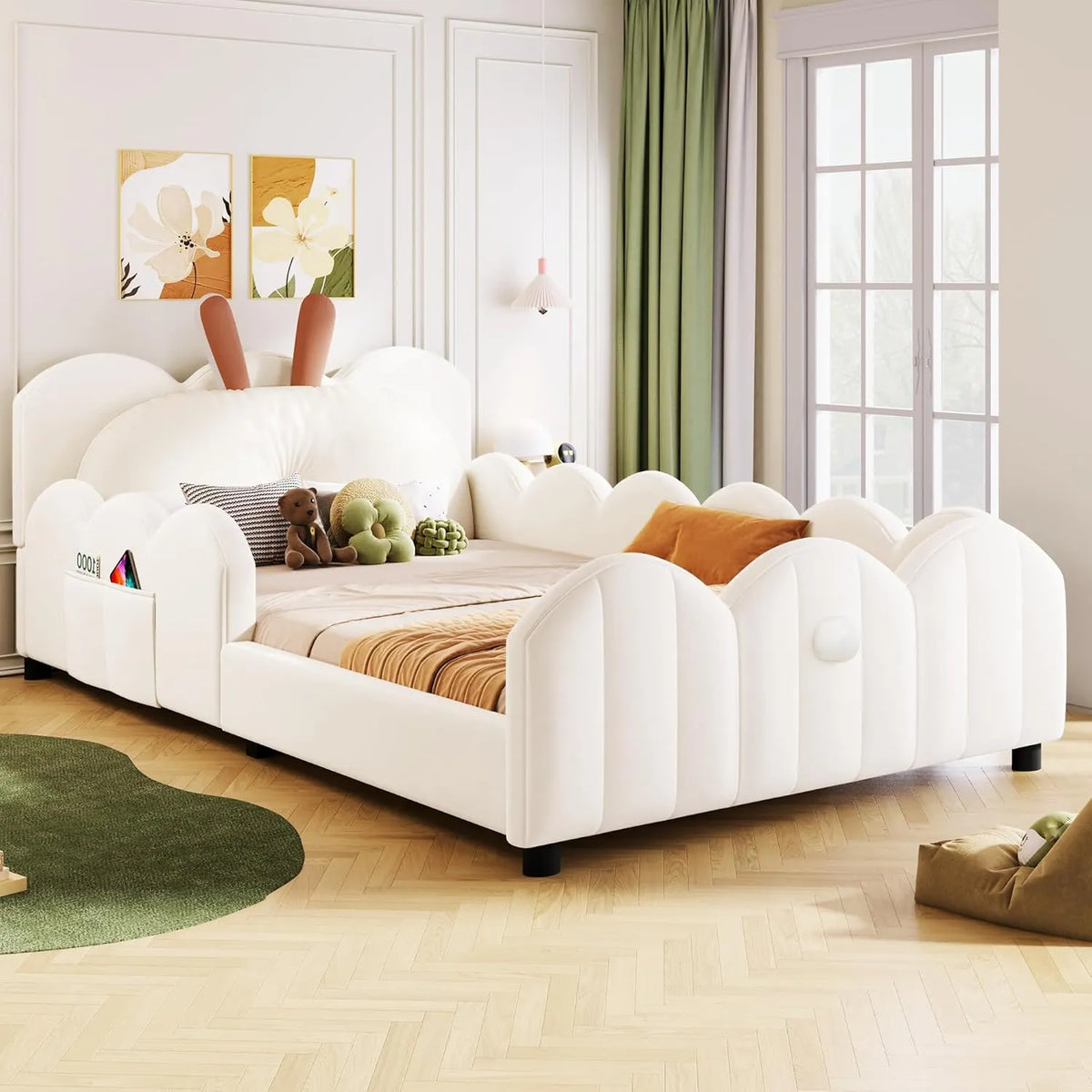 Cadre de lit 90x200 cm avec barrières et coussin lapin, structure en bois, beige, sans matelas