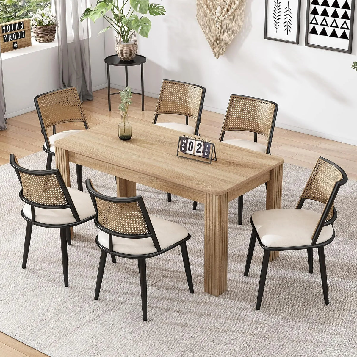 Set de 6 Chaises de Salle à Manger Merax, Siège en Polyuréthane et Dossier en Rotin, Pieds Métalliques, Noires