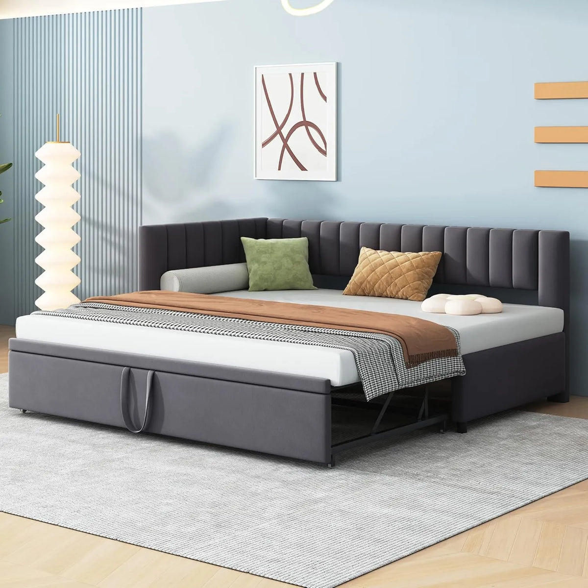 Canapé-lit d'angle en velours gris foncé, 2 places, extensible 90x200 cm et 90x190 cm, avec sommier à lattes (sans matelas)