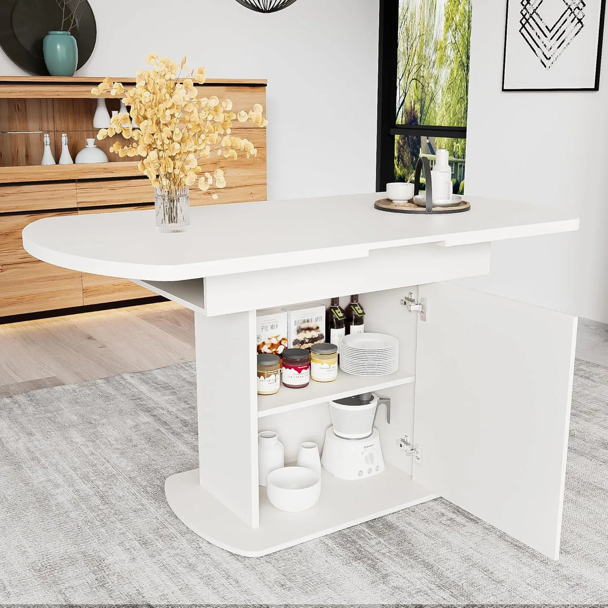 Table à manger extensible ovale en bois avec rangement, pour cuisine et salon, 110/130 x 70 x 75 cm, blanc