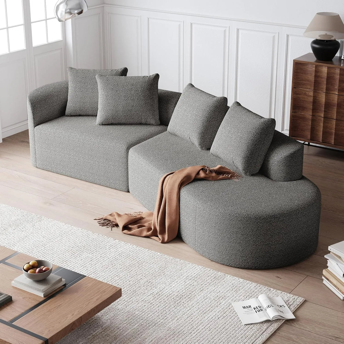 Canapé d'Angle Modulable 3 Places en Chenille - Design Contemporain avec 4 Coussins Confortables, Pour Salon ou Chambre, Gris Clair
