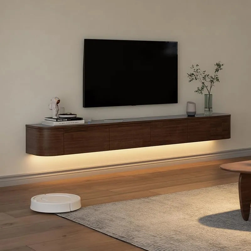 Console murale moderne 180 cm avec LED, porte et rangement (marron)