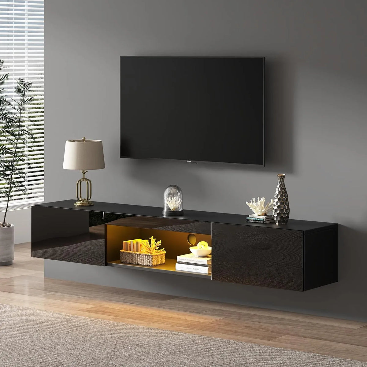 Élégant Meuble TV Flottant avec Éclairage LED, Rangement Intégré, Noir, 160x31x22 cm