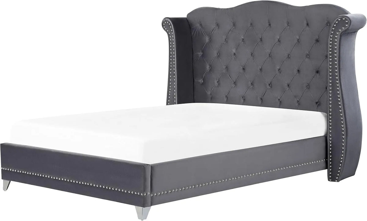 Lit Double Chesterfield Velours Gris 180x200 cm Vintage Glamour avec Sommier