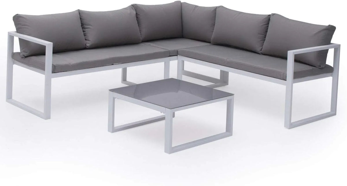 Ensemble de Jardin Ibiza Modulable 4 Places en Tissu Gris, Structure en Aluminium Blanc