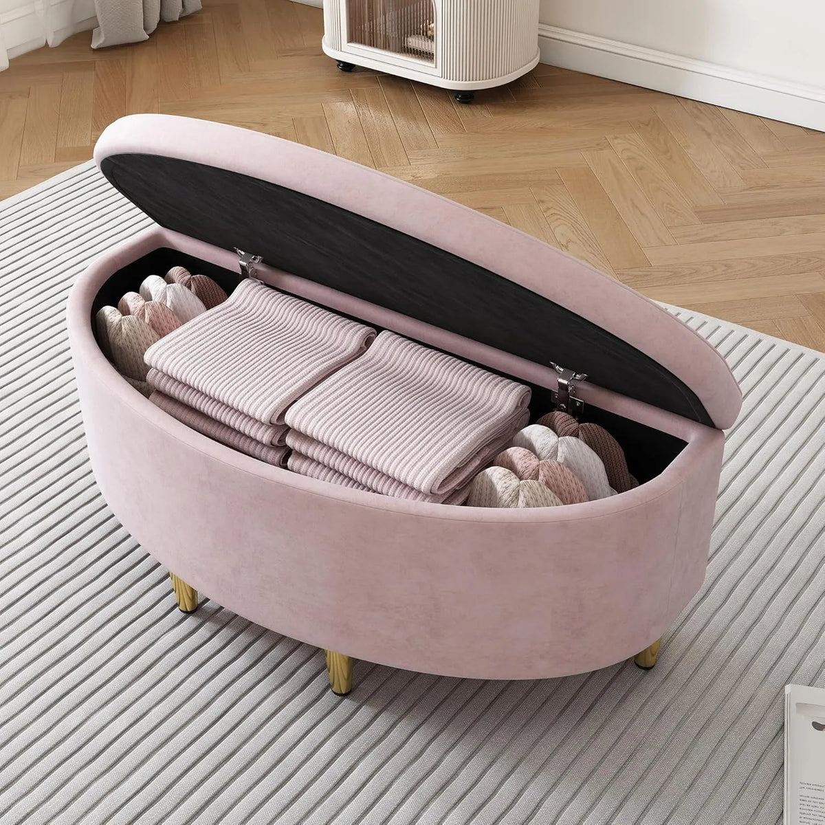 Banquette de rangement en velours rose avec pieds en métal 90x40x42 cm