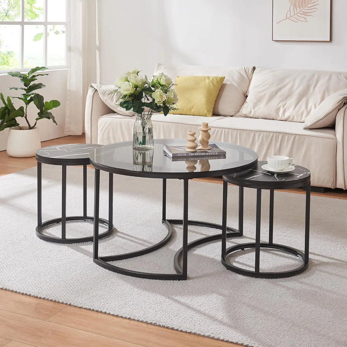 Ensemble de 3 Tables Basses Rondes Modernes en Verre et Acier, Design Économie d'Espace, Effet Marbre Noir