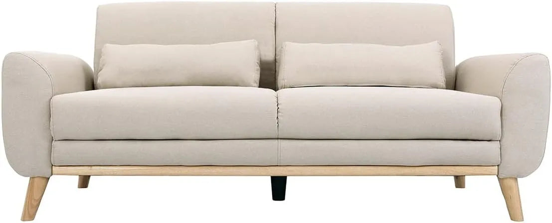 Canapé 3 Places Style Scandinave en Tissu Beige et Bois Clair