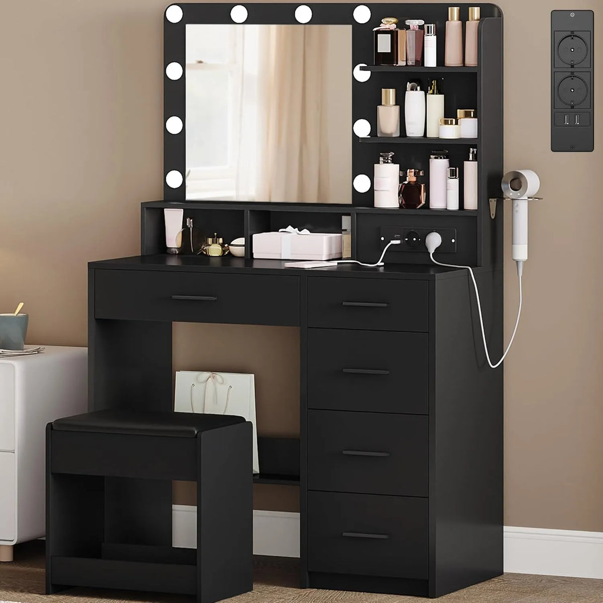 Coiffeuse Moderne LED avec Grand Miroir et Prise, Tabouret Inclus, Support pour Sèche-Cheveux, Tiroirs Multiples, Noir