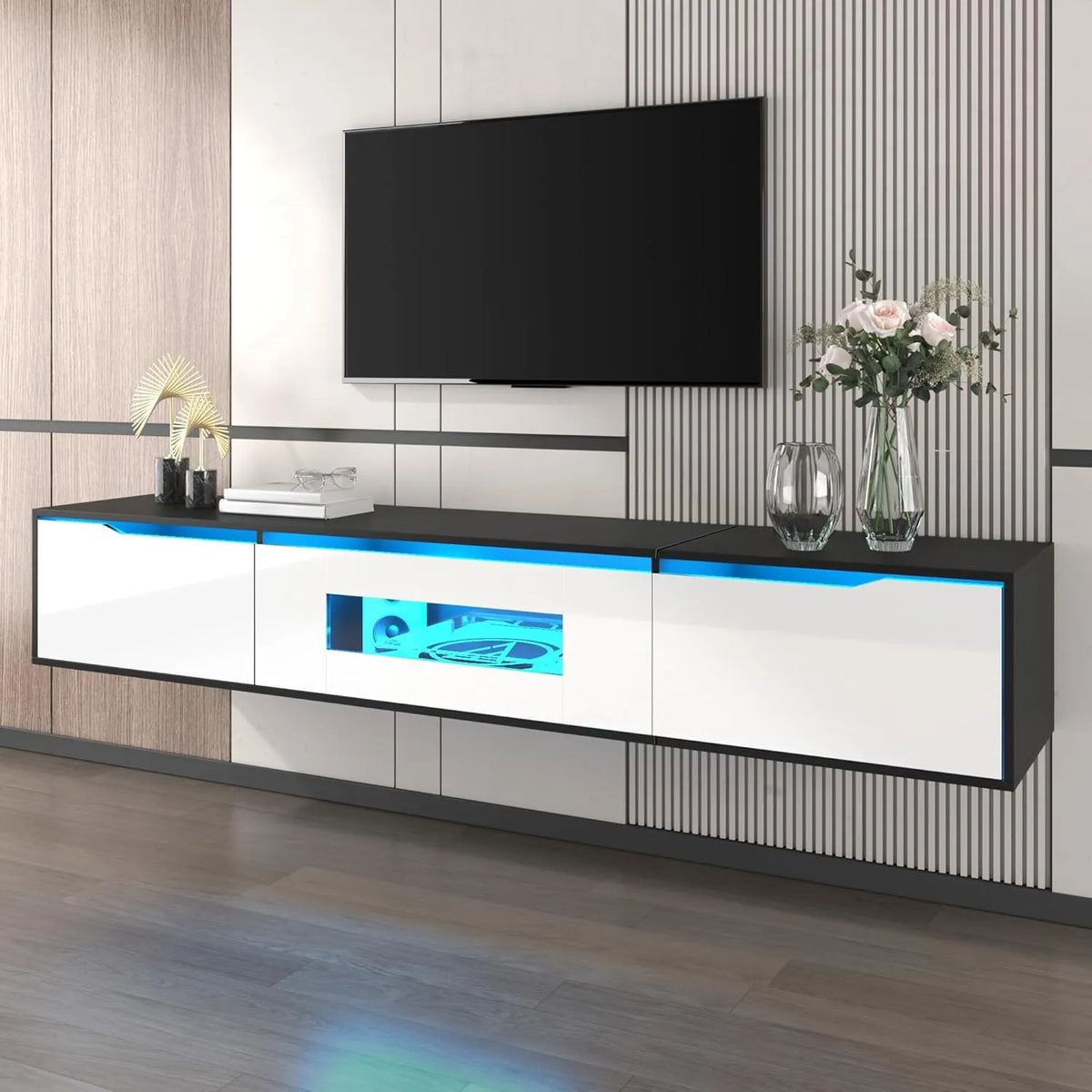 Meuble TV 180 cm avec LED, design moderne, blanc et noir, portes texturées, pour salon