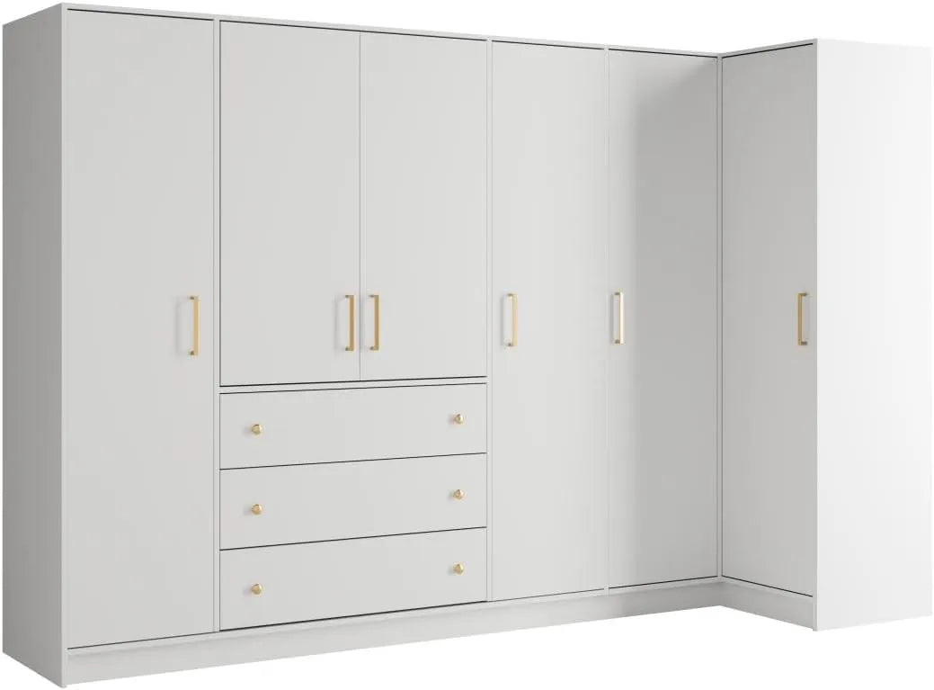 Armoire d'Angle Lizandro - 6 Portes, 3 Tiroirs, L311 cm, Blanc