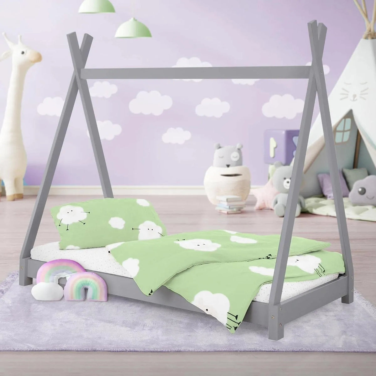 Lit Tipi pour Enfants 80x160 cm en Bois Massif Gris Clair avec Sommier, Tente de Jeu Intérieure pour Filles et Garçons, Conception Stable et Robuste
