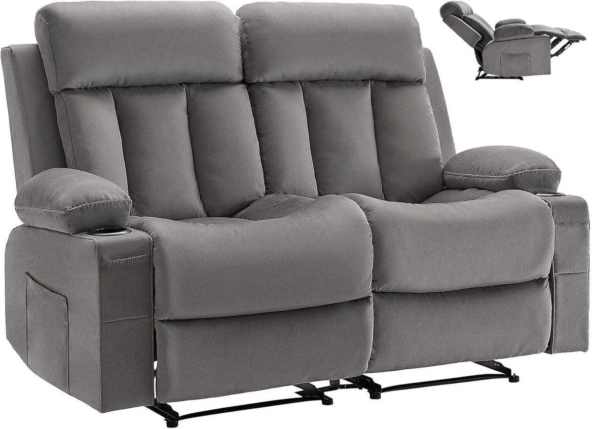 Canapé Électrique 2 Places avec Chauffage et Massage, Velours Gris avec Ports USB et Rangement