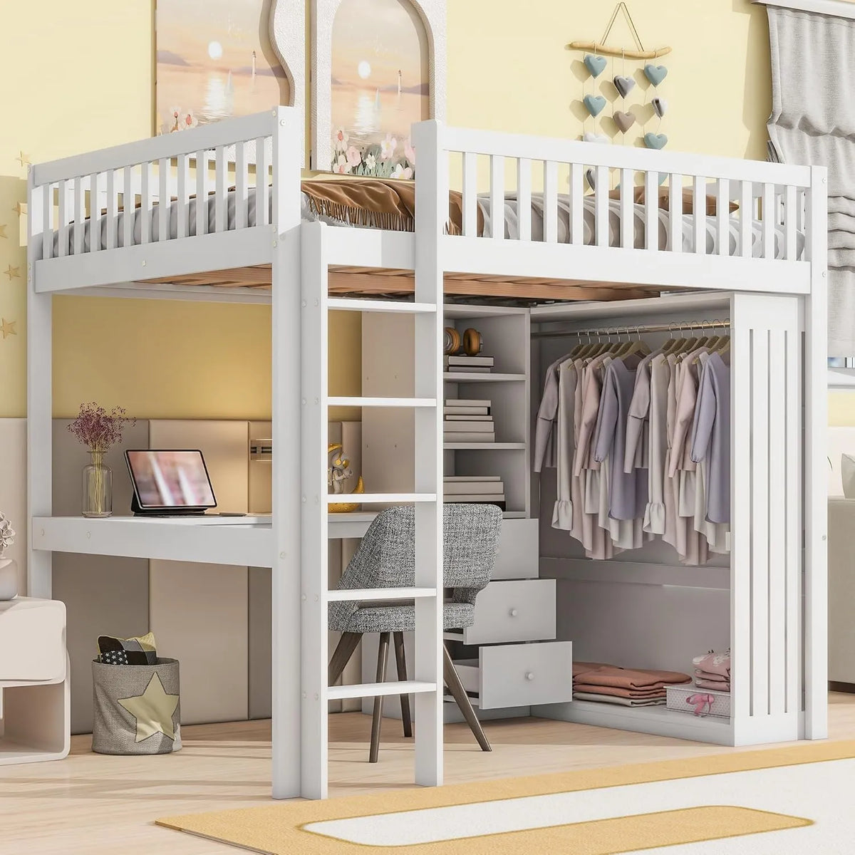 Lit mezzanine enfant avec bureau et armoire en pin - 140 x 200 cm