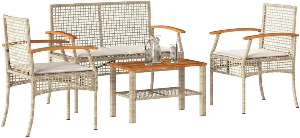 Ensemble de jardin 4 pièces avec coussins en rotin synthétique beige pour terrasse et balcon