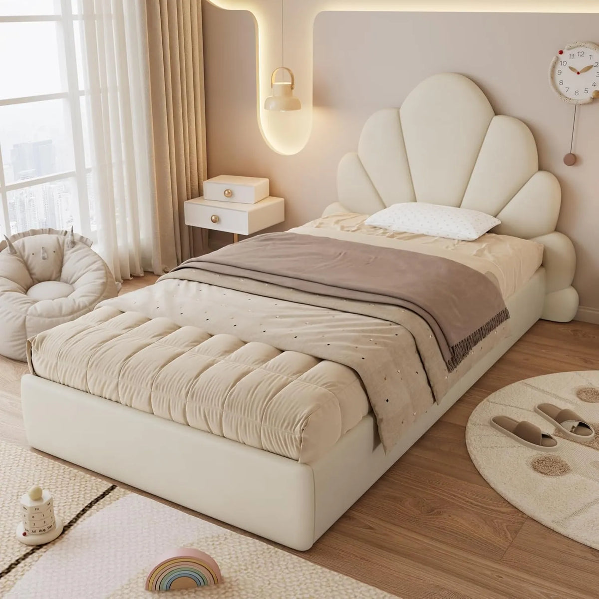 Cadre de Lit Moderne en Velours Beige avec Tête de Lit Floral, 90x200 cm