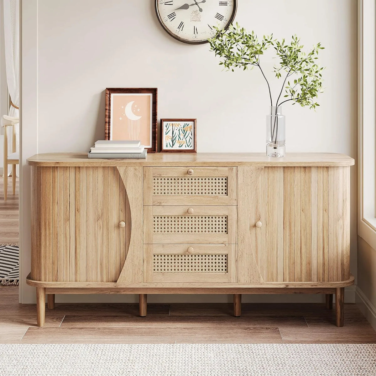 Buffet en rotin avec tiroirs et portes coulissantes - Espace de rangement ajustable - Style élégant pour salon et salle à manger