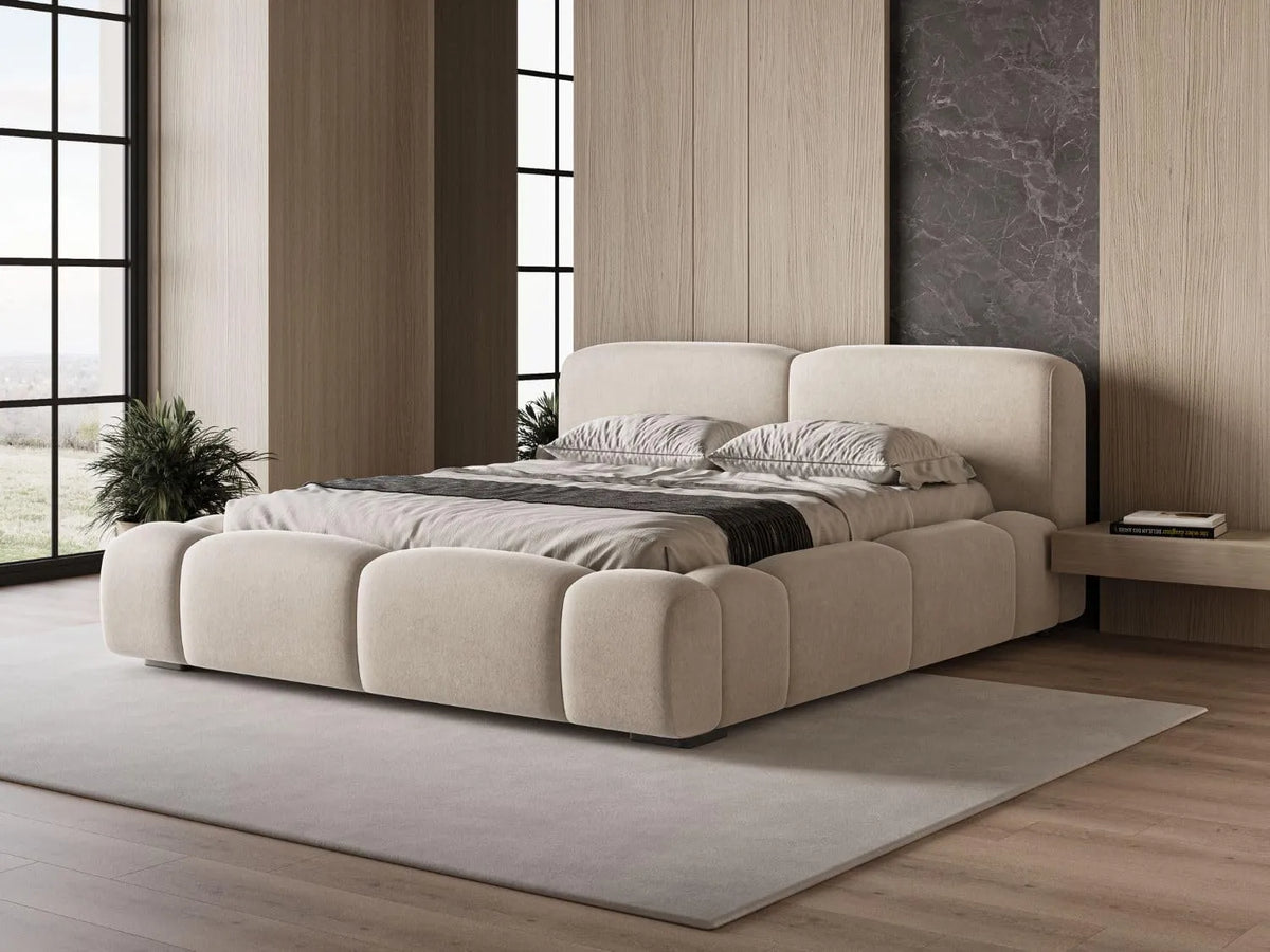 Lit Coffre 180x200 en Velours Beige avec Sommier à Lattes et Tête de Lit