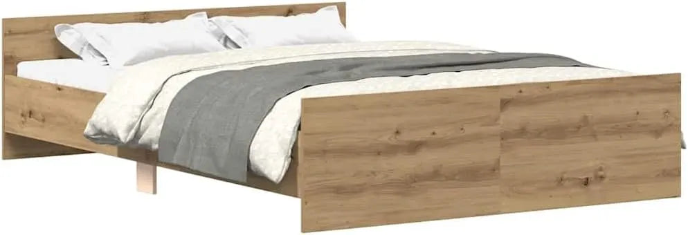 Cadre de Lit Double en Chêne 140x190 cm - Sommier Inclus pour Chambre à Coucher