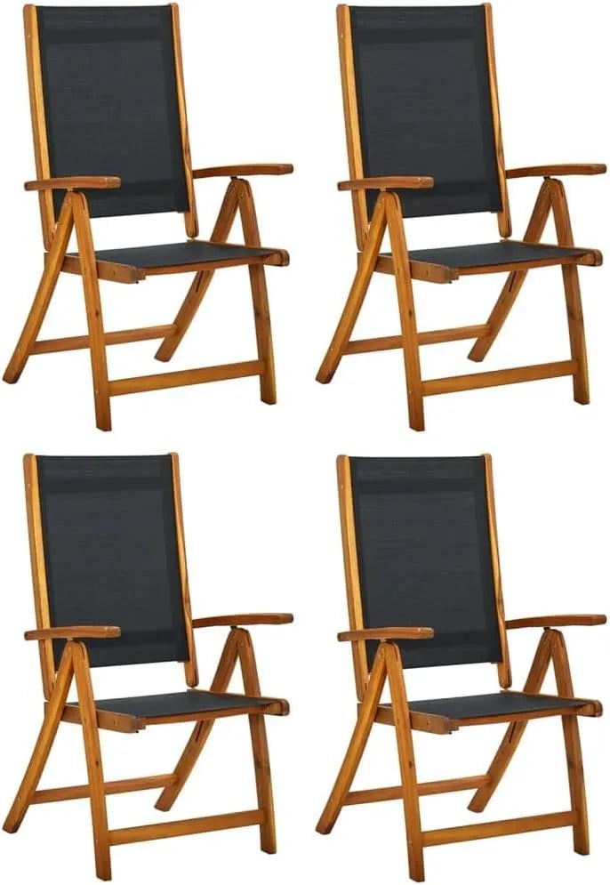 Ensemble de 4 Chaises de Jardin Pliantes en Acacia et Textile Noir, 5 Positions Réglables