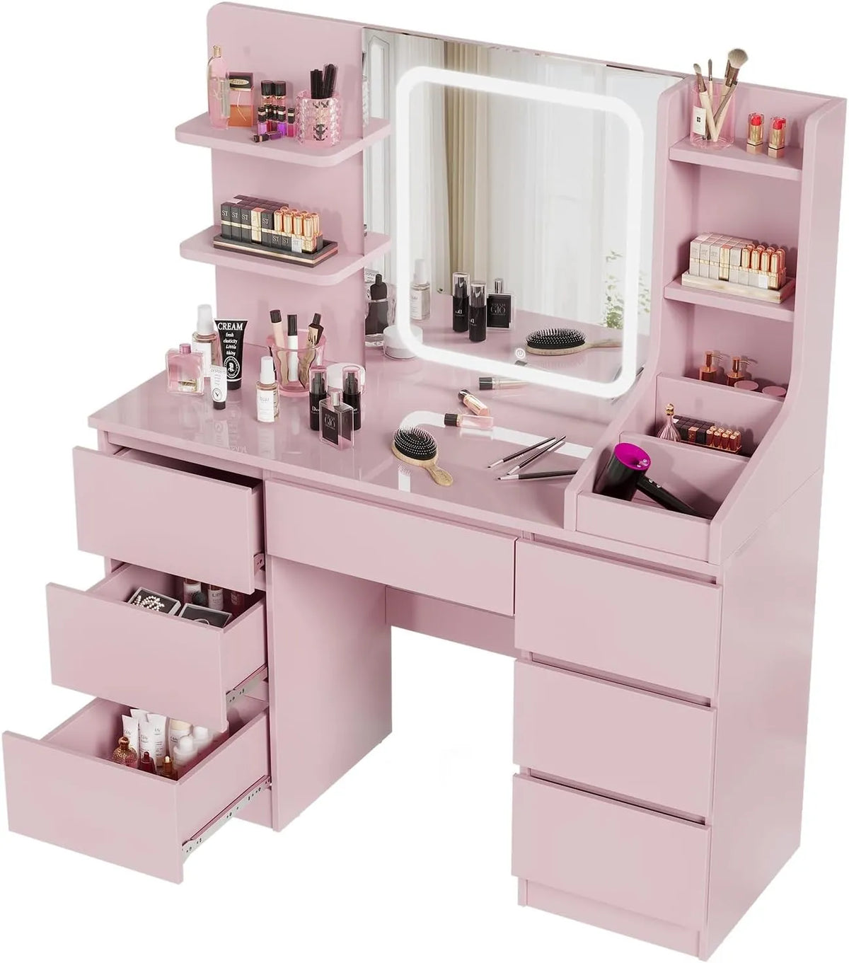 Table de Maquillage LED Rose avec Grand Miroir et 7 Tiroirs
