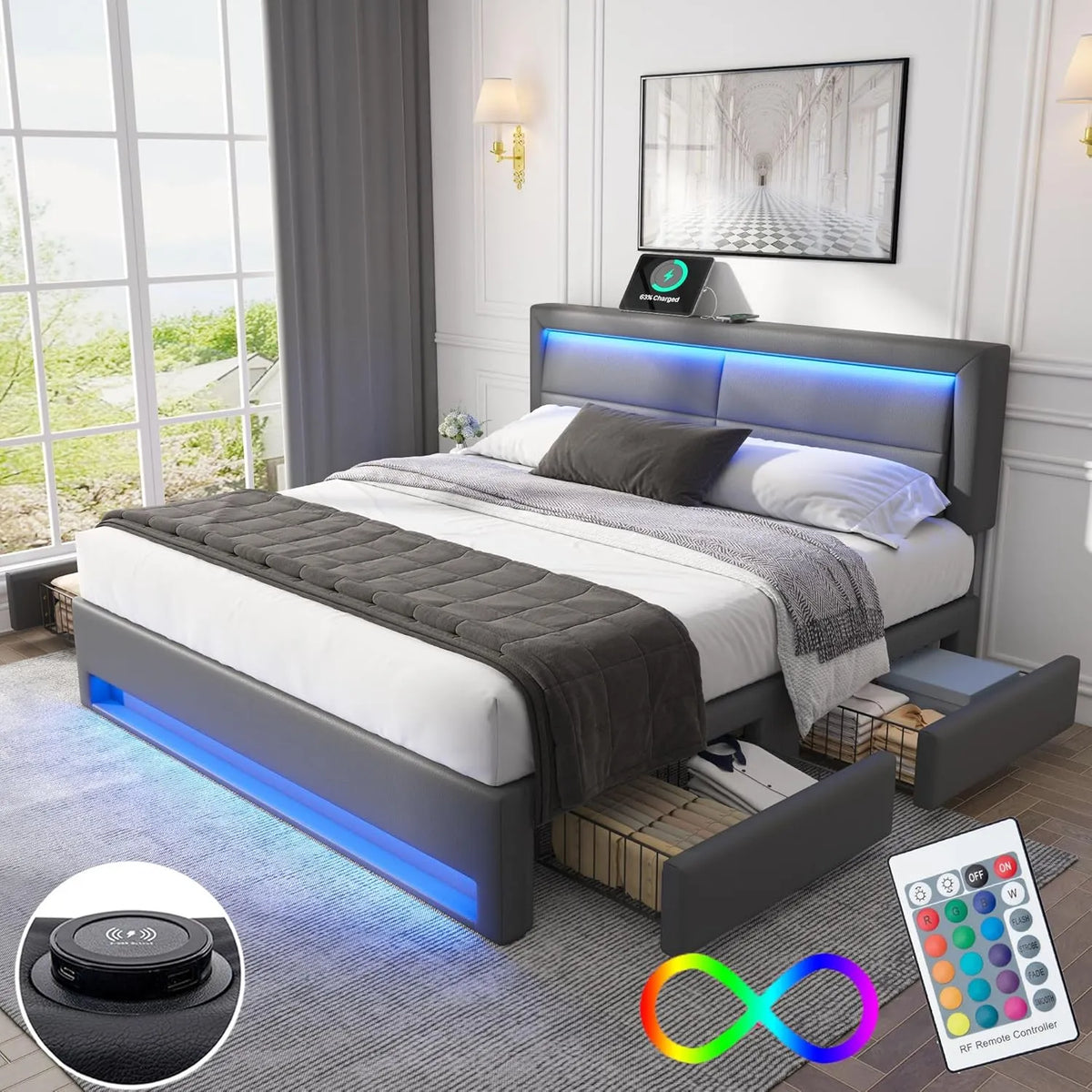 Lit Double 140x190 avec Sommier LED, Ports USB et Coffre, 4 Tiroirs, Tête de Lit Rembourrée