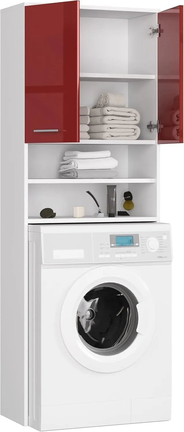Armoire de Rangement pour Machine à Laver 180x64x30 cm - Blanc et Rouge Brillant