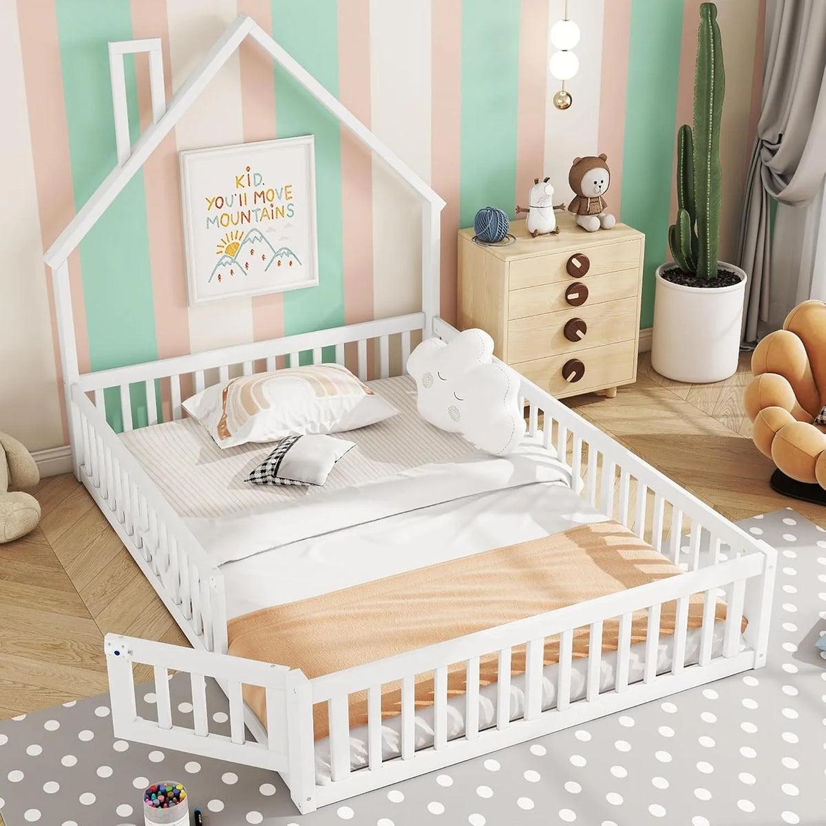 Lit Montessori Enfant 140x190 cm en Bois de Pin et MDF, Style Maison Blanc