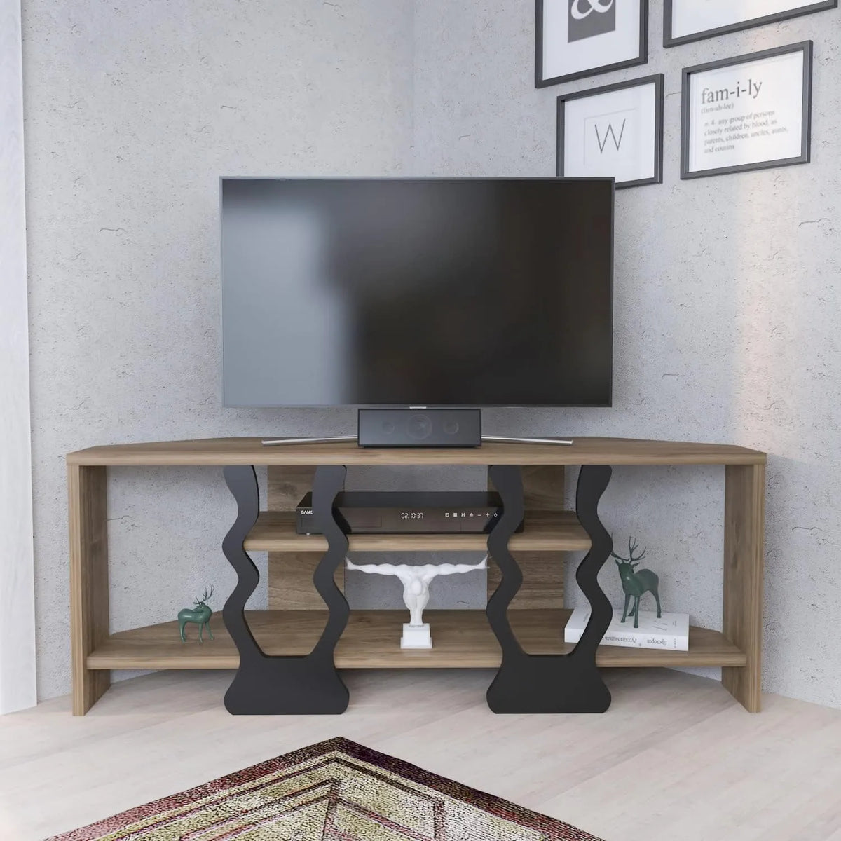 Meuble TV d'Angle Moderne avec Étagères, Rangement Multimédia - Noyer et Noir