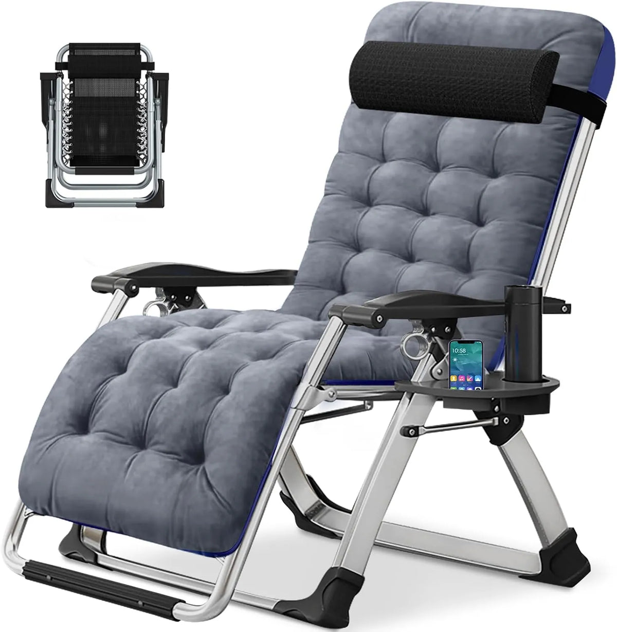 Chaise longue pliable 200 kg avec coussin, réglable pour intérieur et extérieur