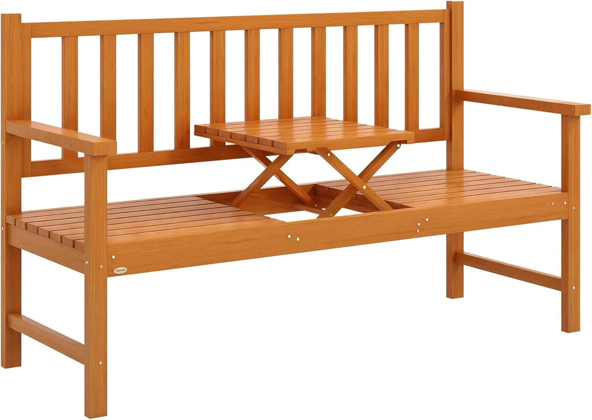 Banc de Jardin Outsunny 3 Places avec Table et Accoudoirs en Bois, Charge Max 280 kg, pour Balcon et Terrasse, Marron Clair