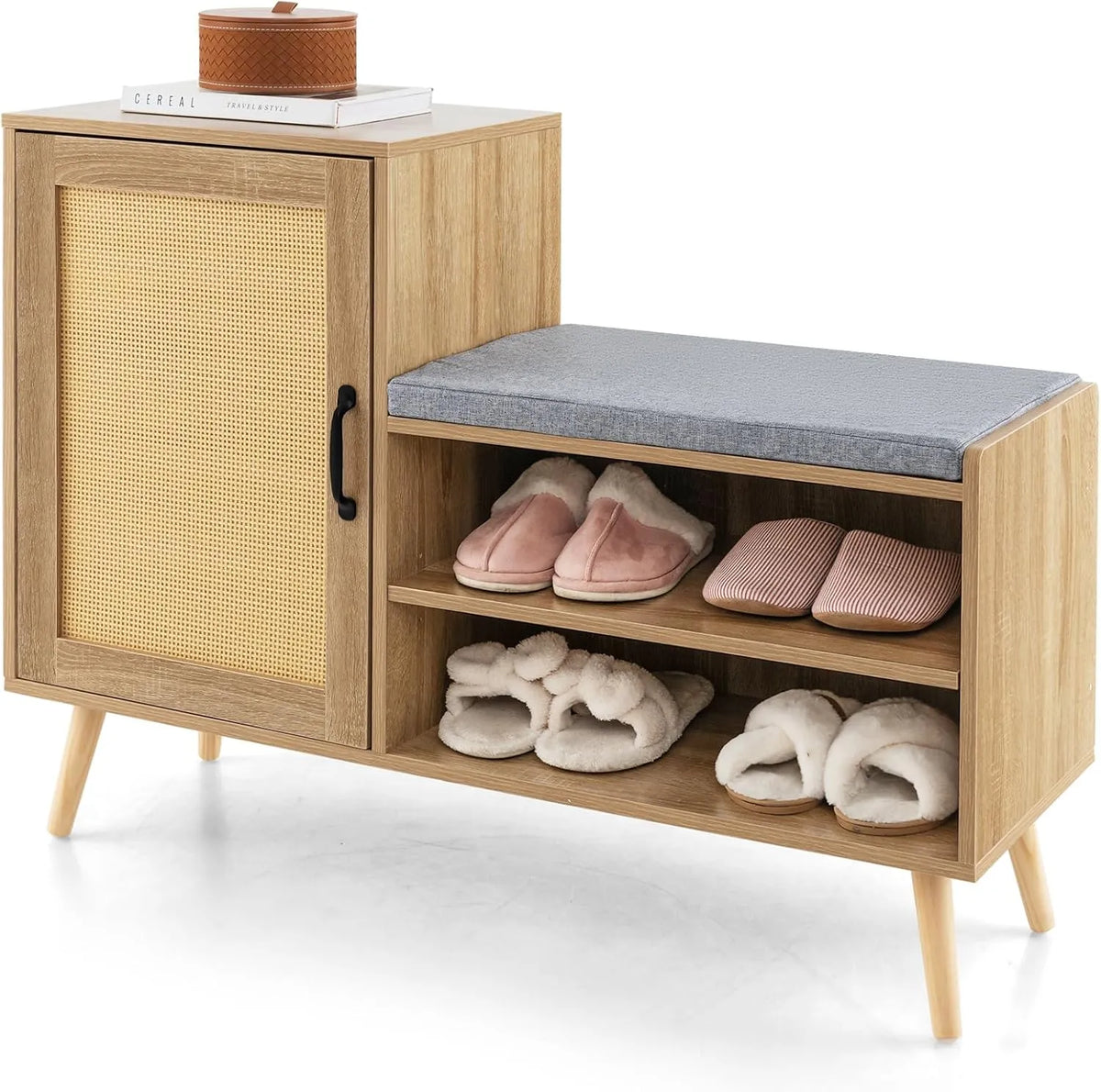 Banc à Chaussures Multifonction en Rotin avec Étagères Réglables, Pieds en Pin, pour Entrée et Chambre