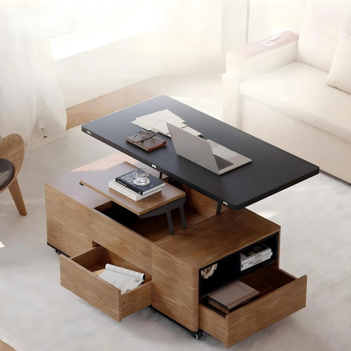 Bureau Ajustable en Hauteur 3 Tiroirs avec Étagères et Roulettes, Noyer