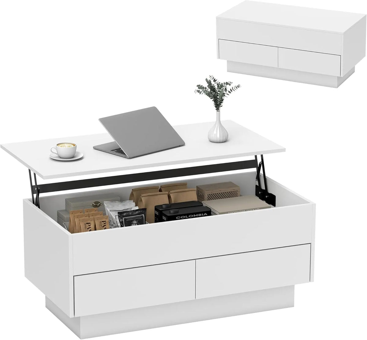Table Basse Moderne avec Espace de Rangement Caché et 2 Tiroirs, 100 x 50 x 44 cm, Blanc