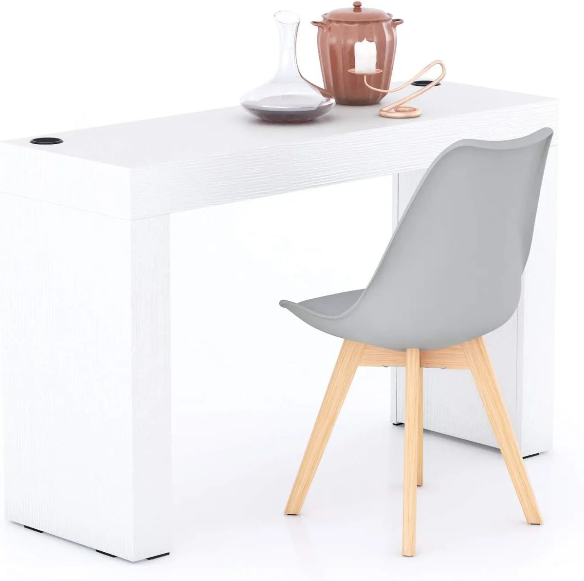 Table à Manger Evolution 120x40, Frêne Blanc, Chargeur Sans Fil, 2 Personnes