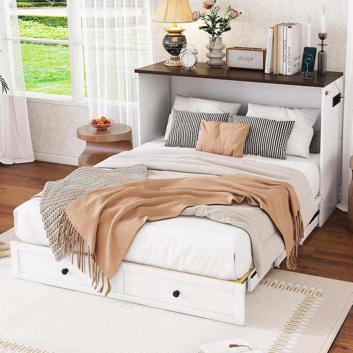 Lit Double 140x200 cm Escamotable avec Rangement et Ports USB - Bois Blanc