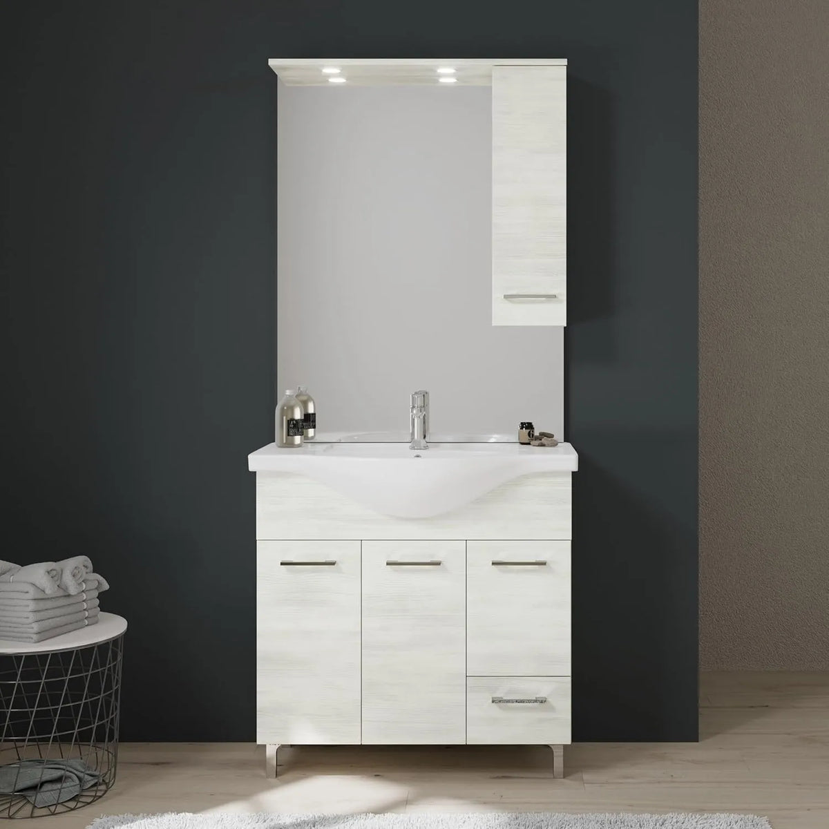 Ensemble de salle de bains 85 cm en chêne blanc avec armoire, tiroir et miroir - Série Rimini