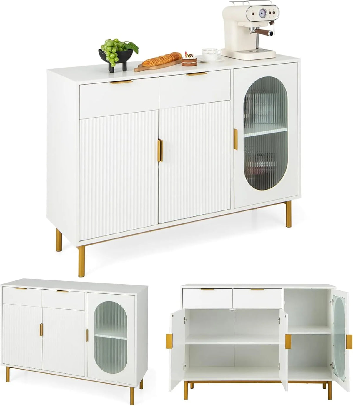 Crédence en Bois avec 2 Tiroirs et Armoires, Buffet de Cuisine Moderne, Pieds Métalliques, Rangement pour Salle à Manger, Blanc 120x40x88 cm