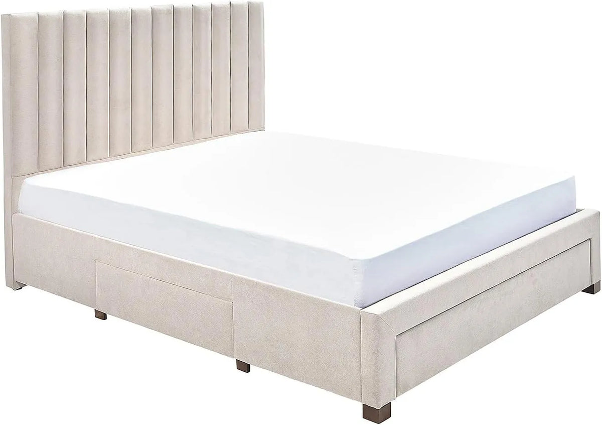 Lit Double en Tissu Beige avec 3 Tiroirs de Rangement 160x200 cm - Modèle LIAKO
