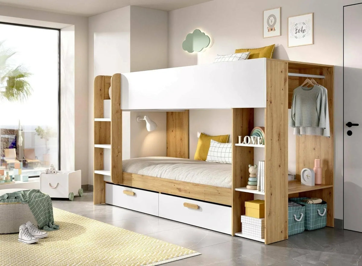 Ensemble de Chambre Fennera Blanc et Chêne Clair - Lit Pont avec Rangements pour Enfants