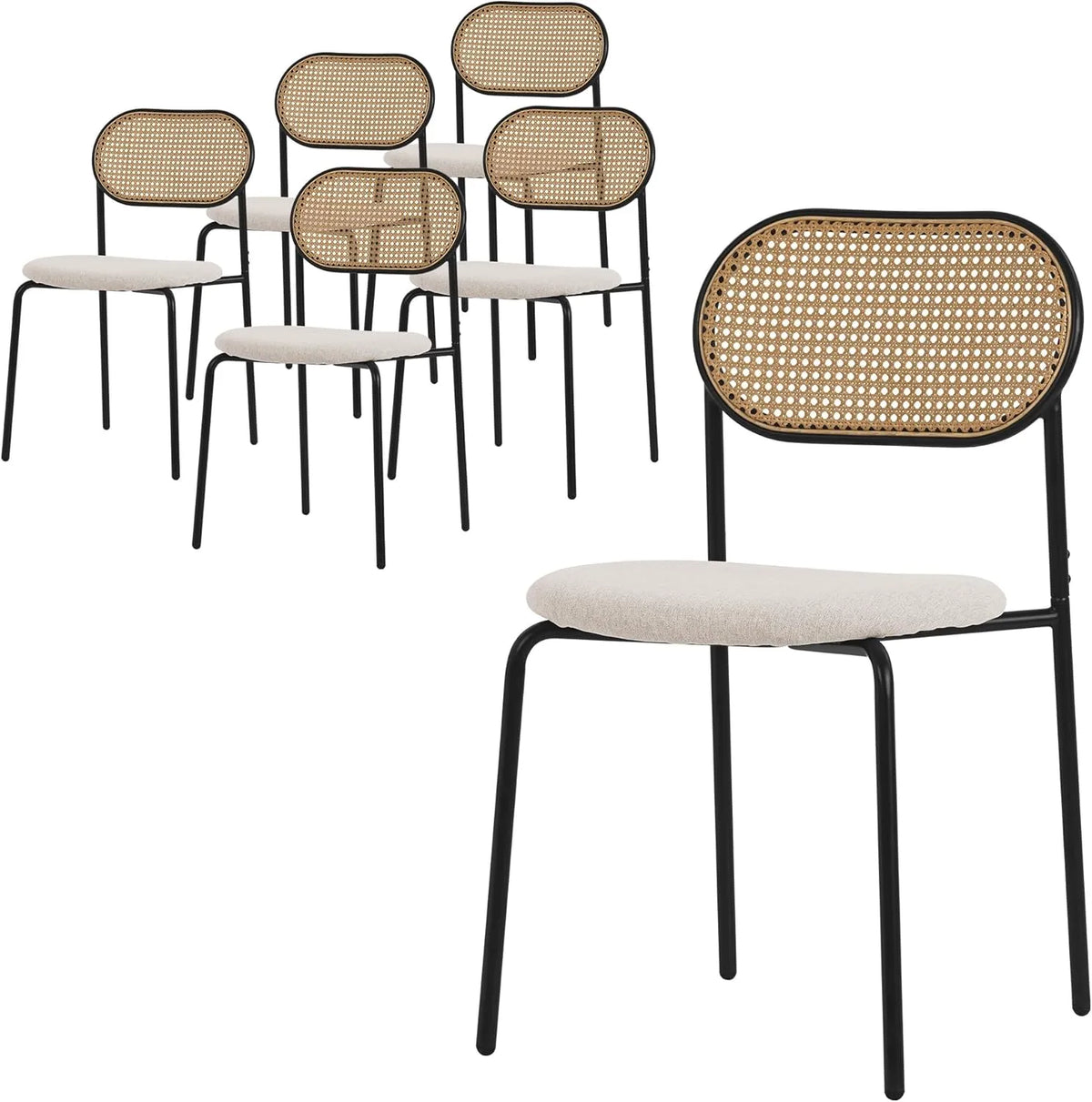 Ensemble de 6 Chaises Élégantes en Rotin et Métal avec Assise Beige pour Salle à Manger