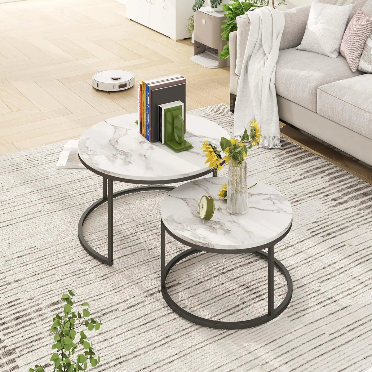 Ensemble de 2 Tables Basses Rondes en Marbre Noir et Métal Blanc pour Salon