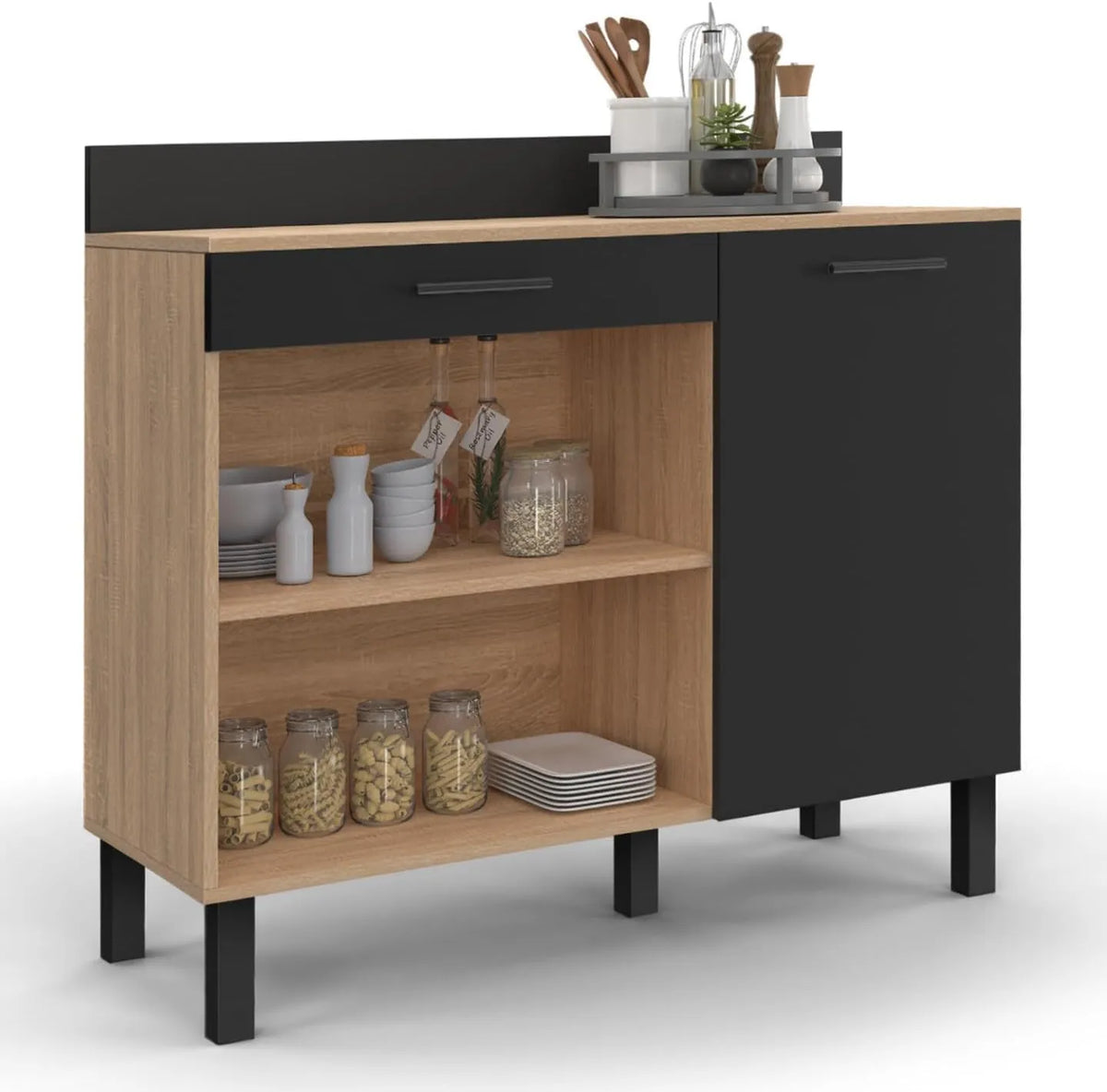 Buffet de Cuisine CINA 100 cm avec Plan de Travail, Porte et Tiroir, Finition Hêtre et Noir