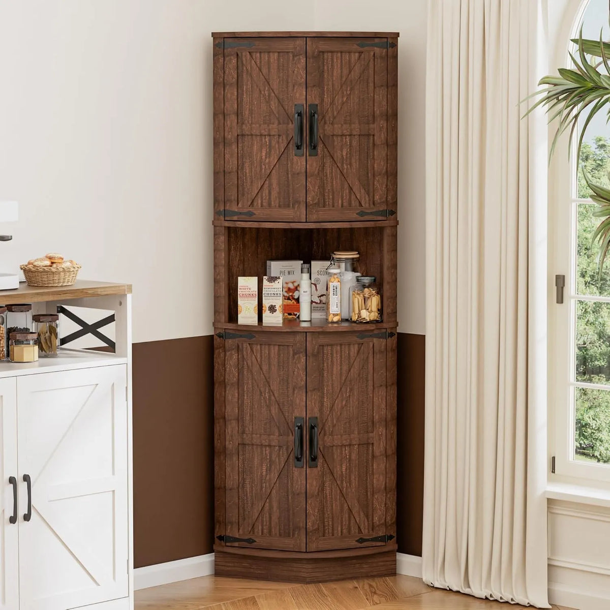 Buffet de Rangement Multi-usages en Bois, Armoire d'Angle Haute pour Salon et Bureau, 165x56x41.5 cm, Marron